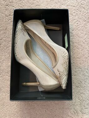 Nina Champagne Mesh Pointed-Toe Heels with Crystal Studs